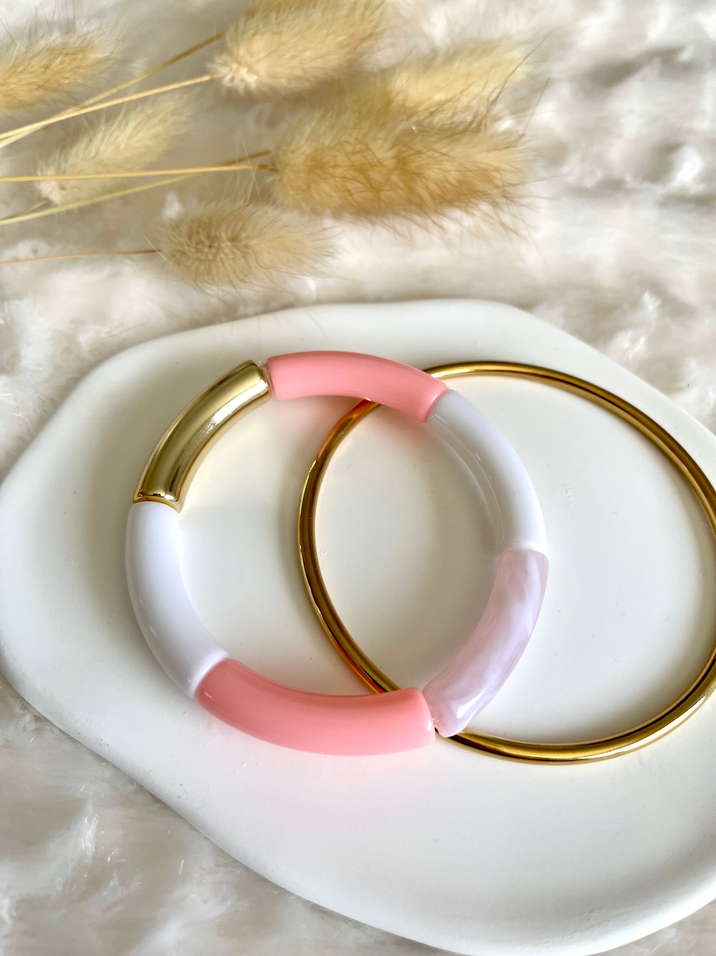 Bracelet perles tubes « rose et doré »