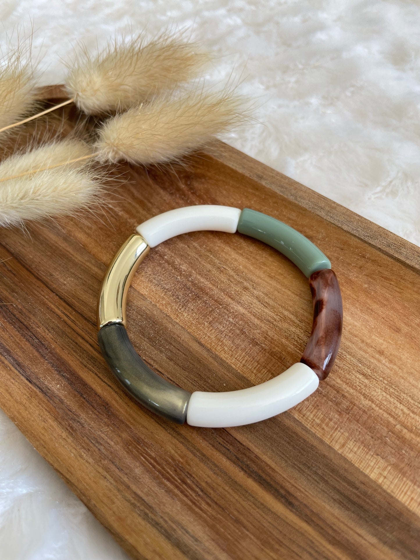 Bracelet perles tubes « kaki léopard »