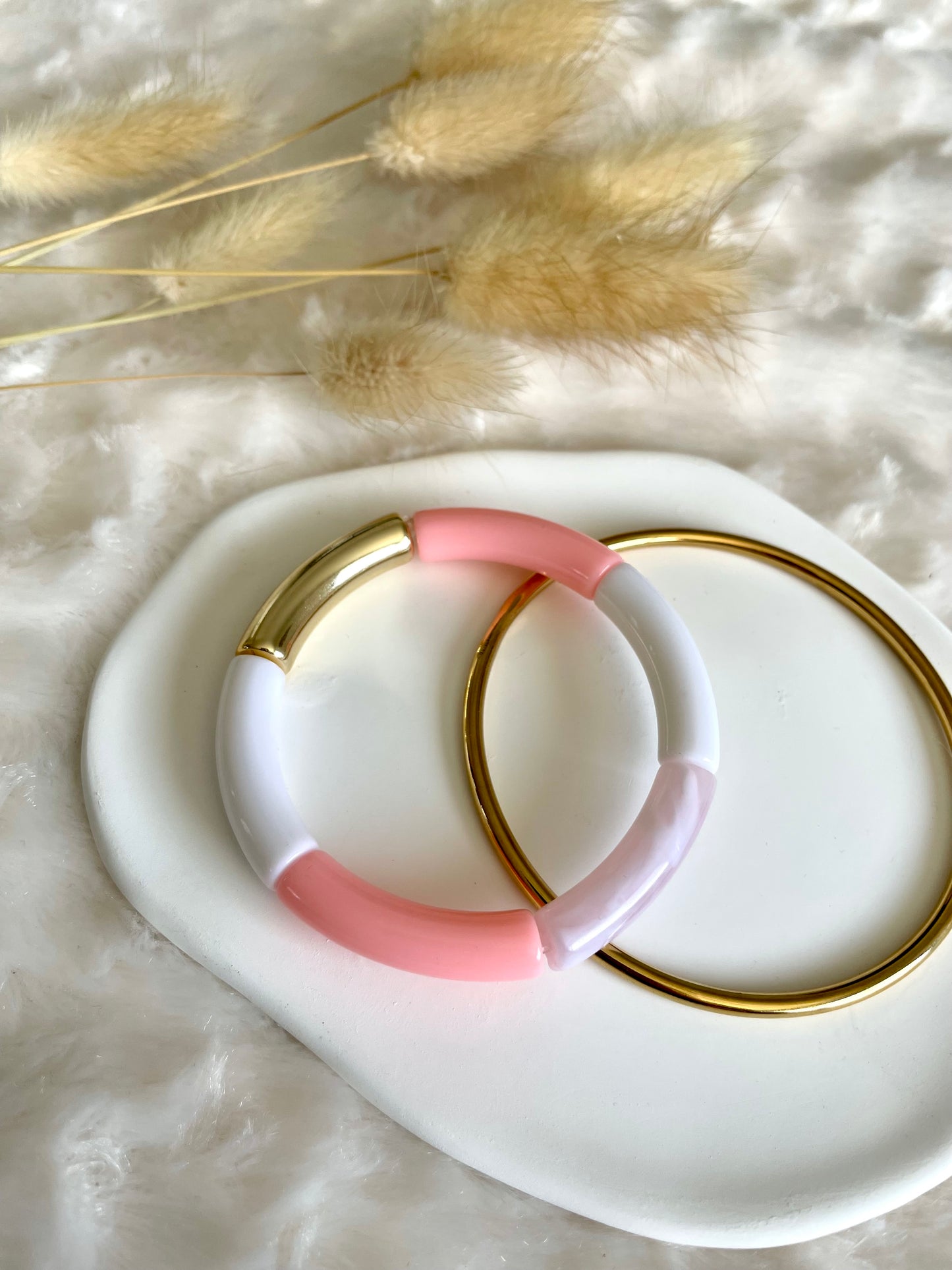 Bracelet perles tubes « rose et doré »
