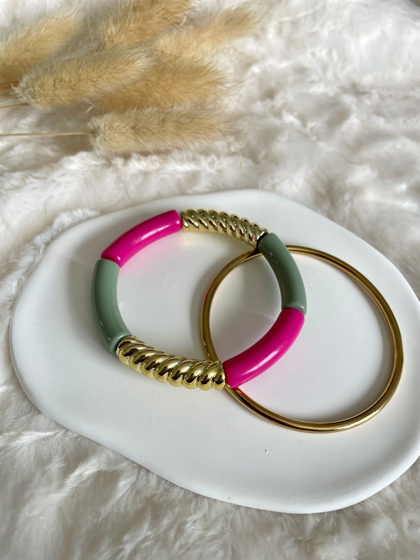 Bracelet perles tubes « rose et kaki »