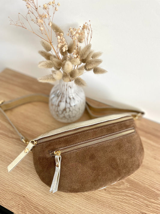 Sac banane taupe doré