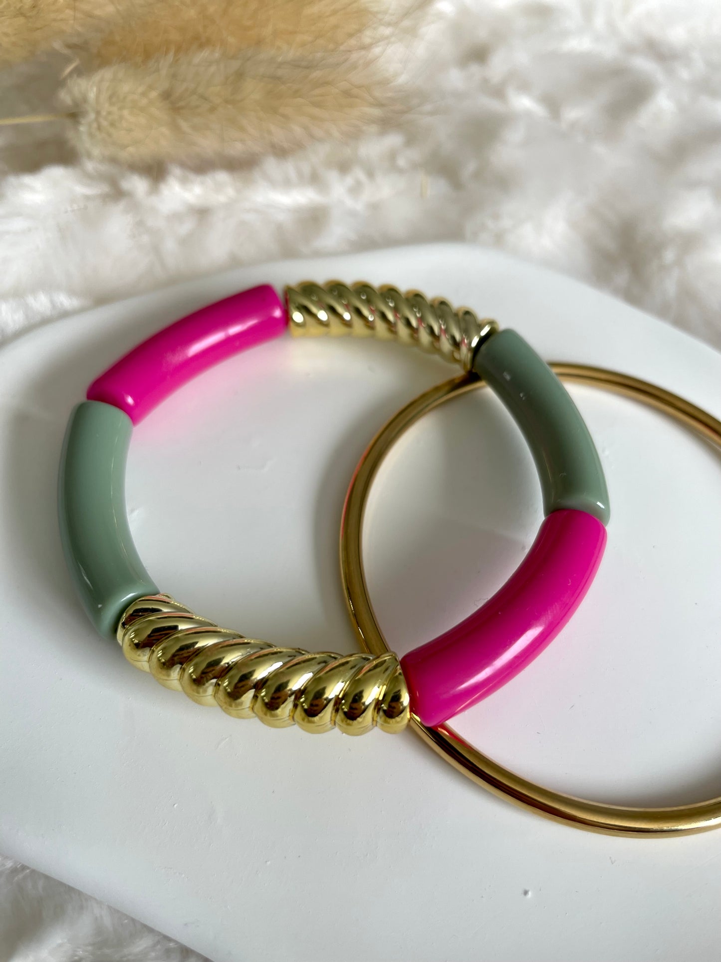 Bracelet perles tubes « rose et kaki »